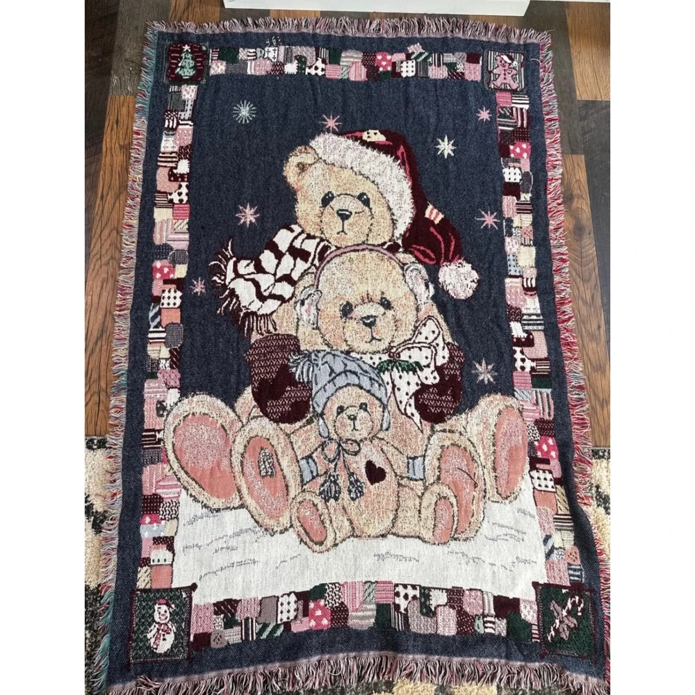 Manual Woodworkers Weavers Christmas Teddy Bear Tapestry Throw Blanket 72x46 USA